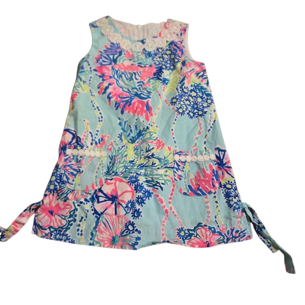 Lilly Pulitzer Girls 3 T Mermaid Cove Dress Aqua Pink Sleeveless Shift Lace Neck